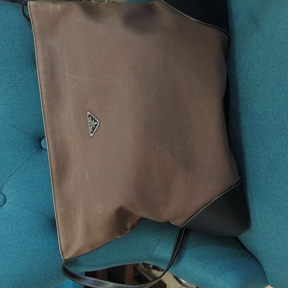 Prada Large Brown canvas/ black leather trimmed Tote Bag